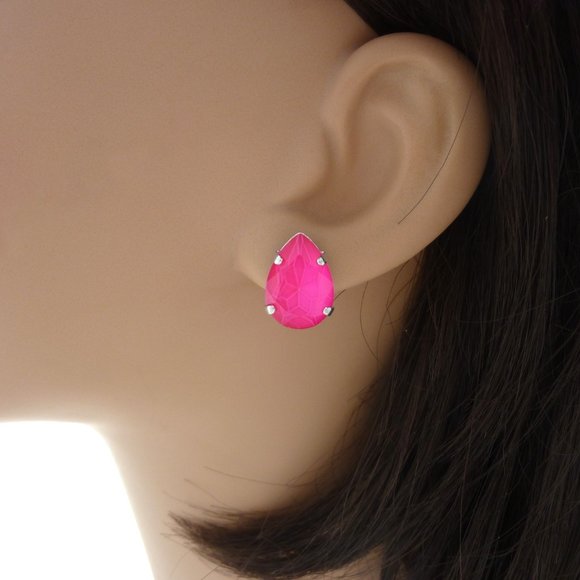 Electric Neon Pink Crystal Pear Shaped Earrings, Hot Summery Pink Teardrops Stud - Picture 2 of 3